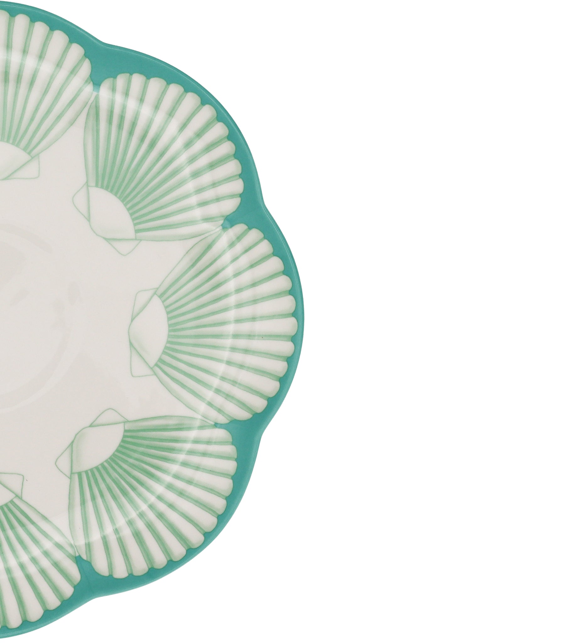 Balearic Blu Ceramic Dinner Plate in White with Green Design and Hand-Painted Rim (Set of 4)