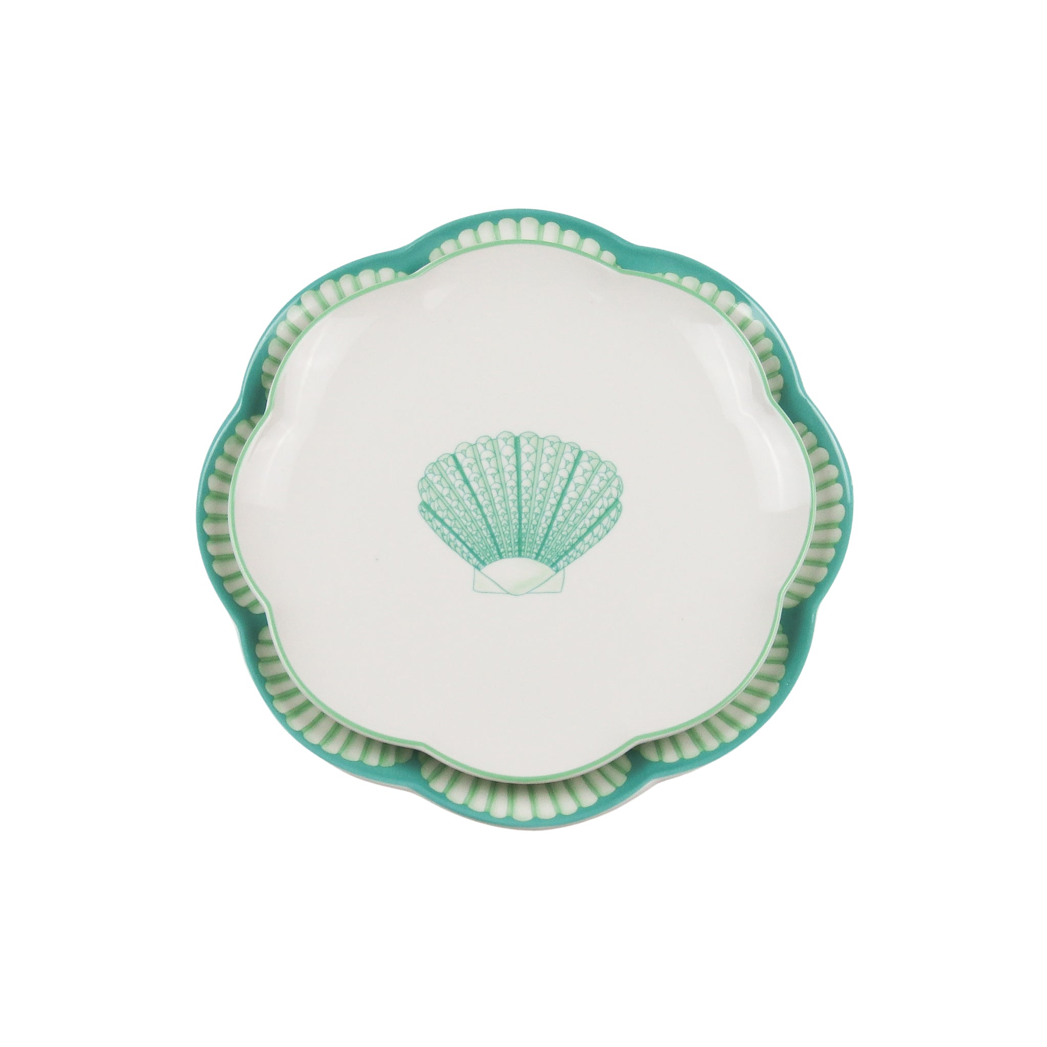 Balearic Blu Ceramic Dinner Plate in White with Green Design and Hand-Painted Rim (Set of 4)