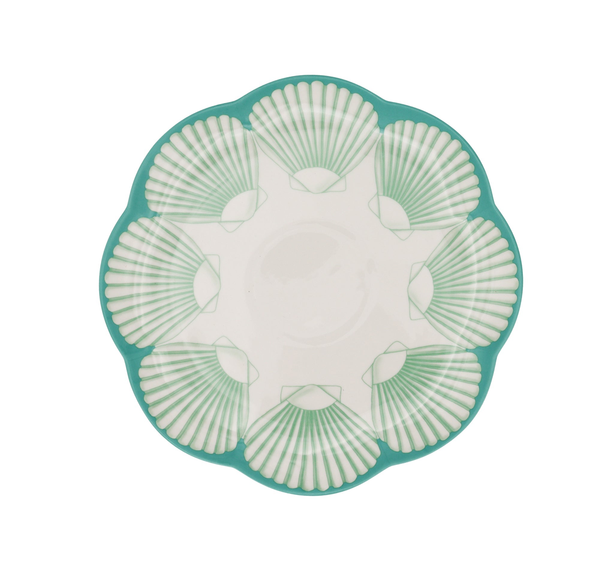 Balearic Blu Ceramic Dinner Plate in White with Green Design and Hand-Painted Rim (Set of 4)