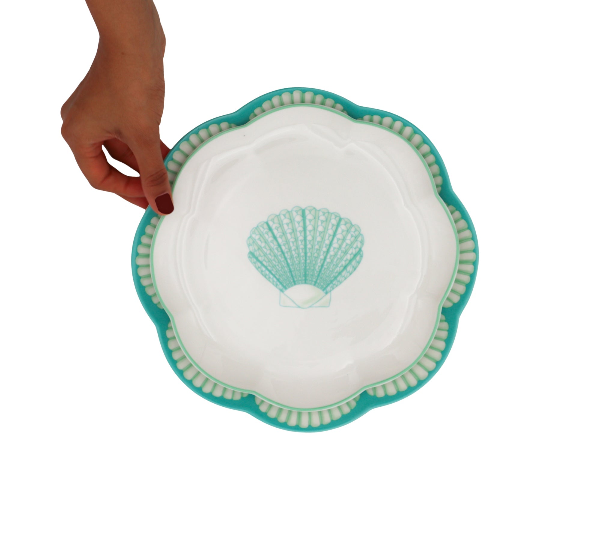 Balearic Blu Ceramic Starter Plate in White with Green Scallop Shell Design and Hand-Painted Rim (Set of 4)