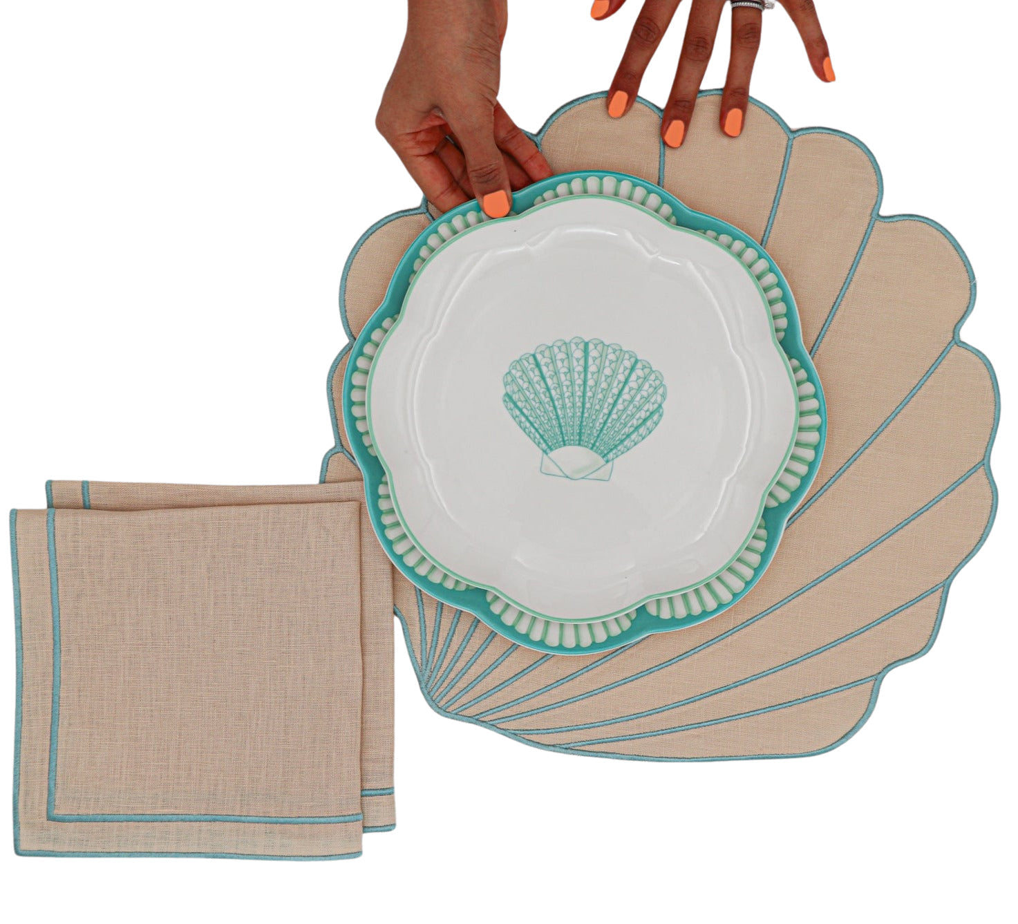 Balearic Blu Ceramic Starter Plate in White with Green Scallop Shell Design and Hand-Painted Rim (Set of 4)