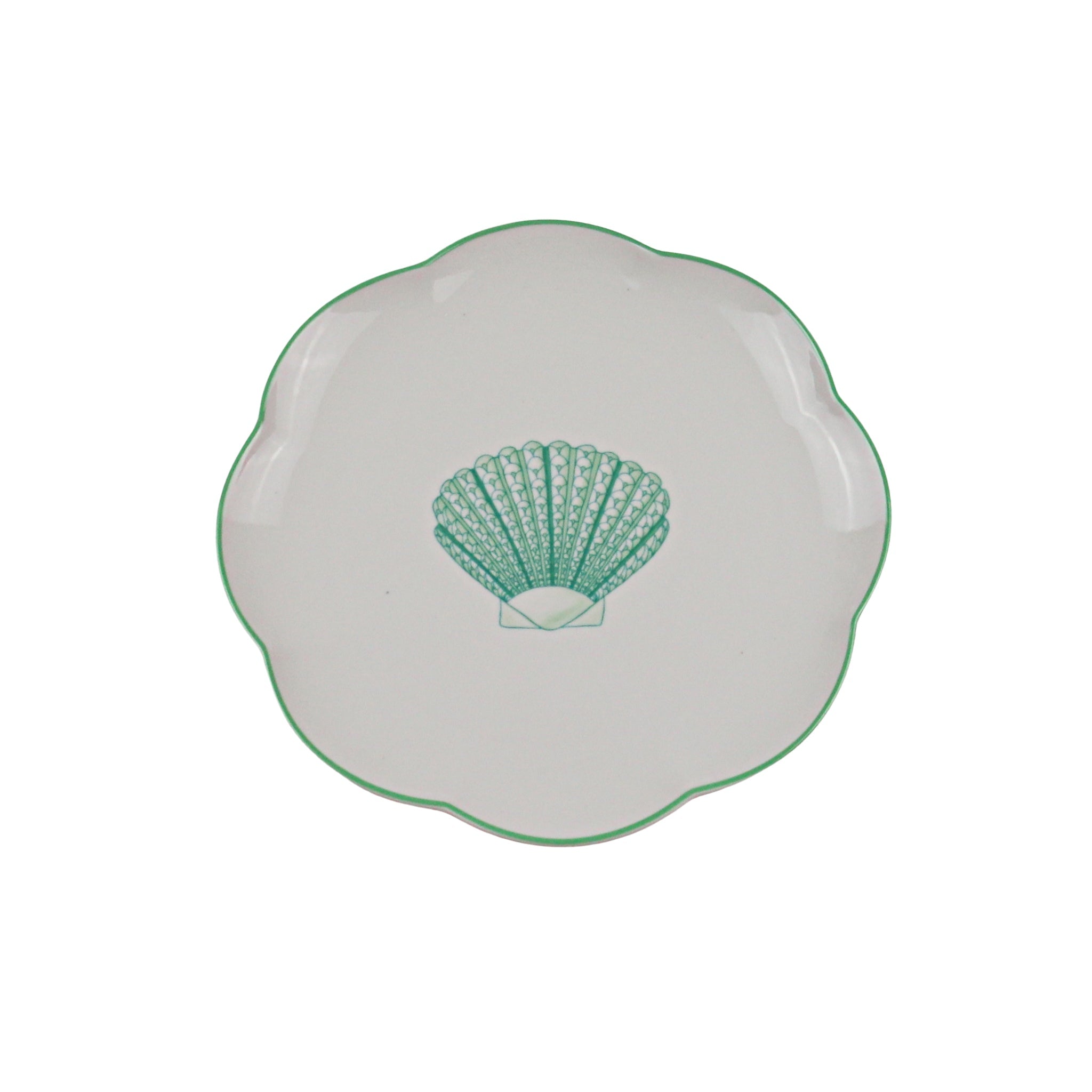 Balearic Blu Ceramic Starter Plate in White with Green Scallop Shell Design and Hand-Painted Rim (Set of 4)
