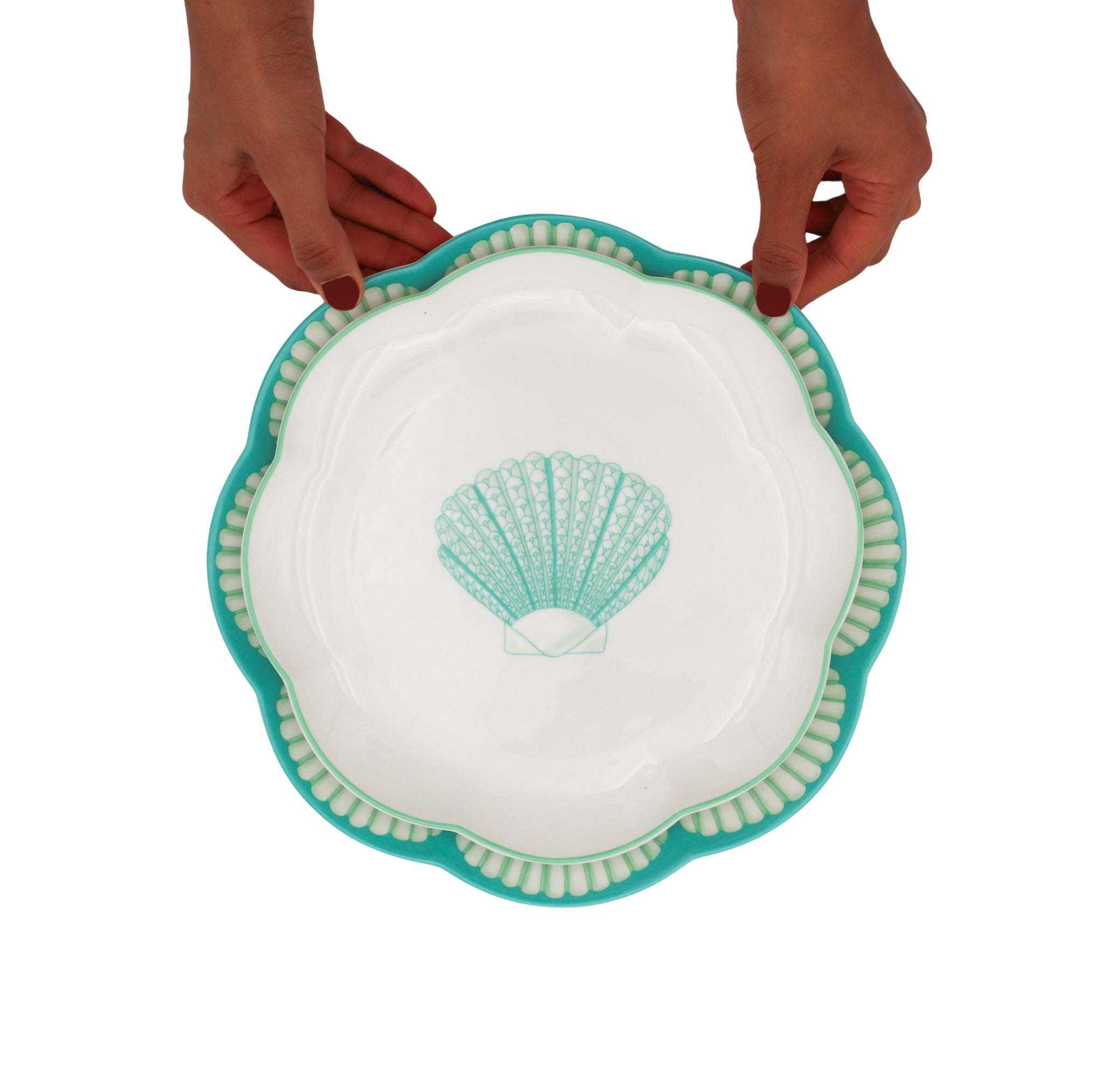 Balearic Blu Ceramic Starter Plate in White with Green Scallop Shell Design and Hand-Painted Rim (Set of 4)
