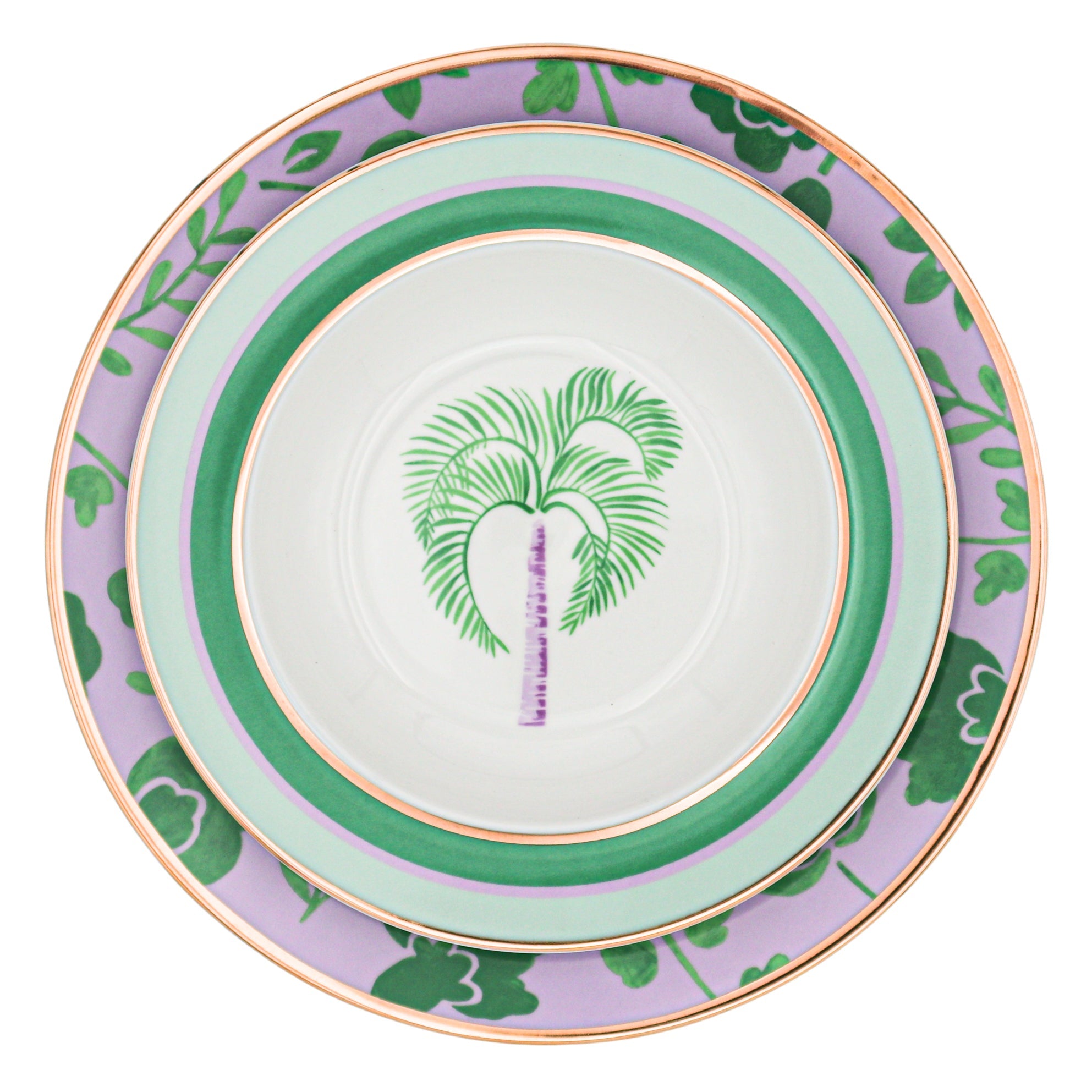 Bernadette Leaf Porcelain Dinner Plate in Lilac and Green with Gold Hand-Painted Rim (Set of 4)