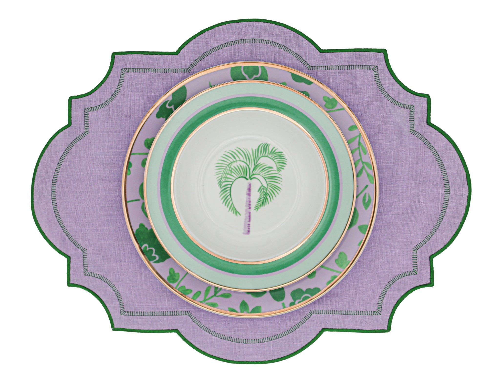 Bernadette Leaf Porcelain Dinner Plate in Lilac and Green with Gold Hand-Painted Rim (Set of 4)