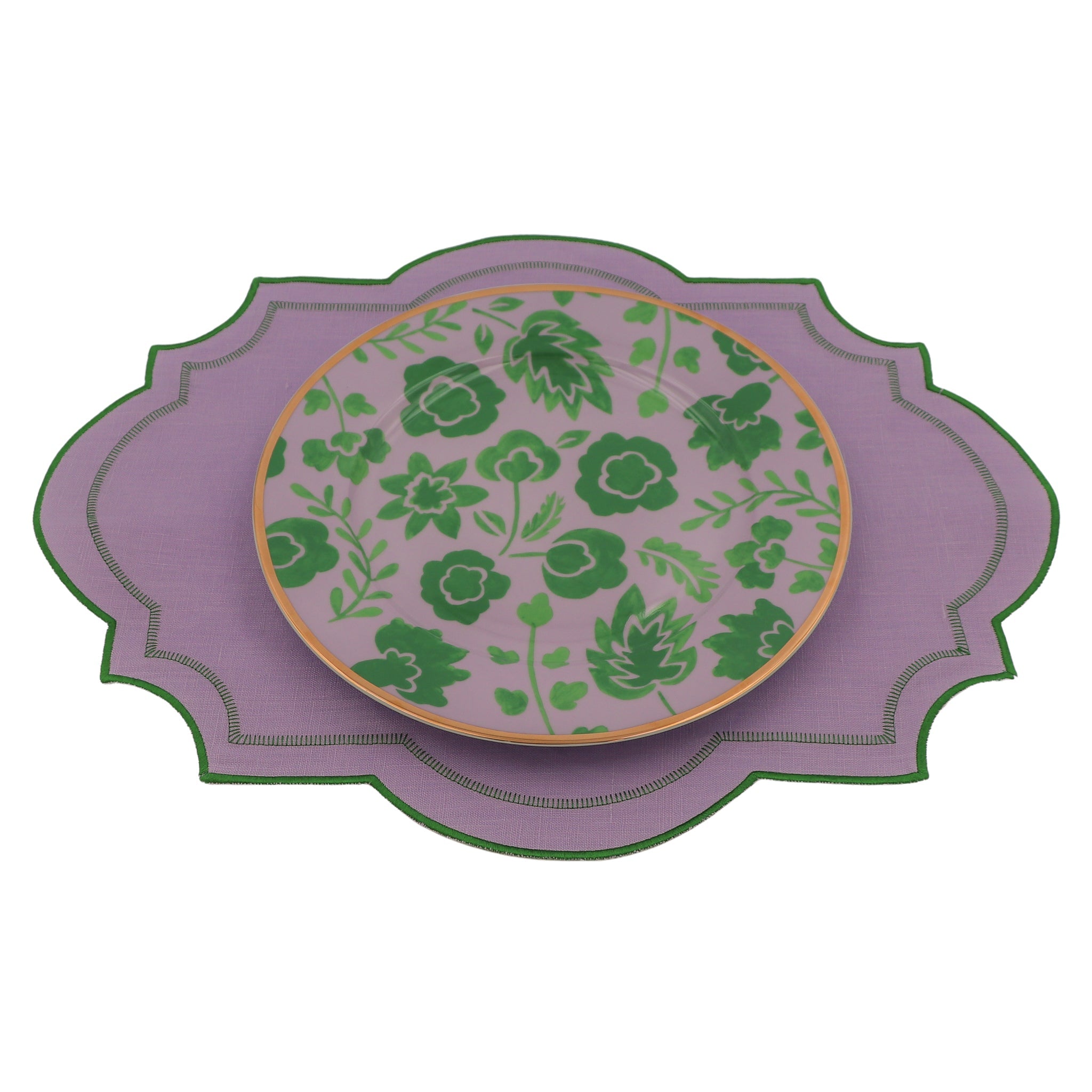 Bernadette Leaf Porcelain Dinner Plate in Lilac and Green with Gold Hand-Painted Rim (Set of 4)