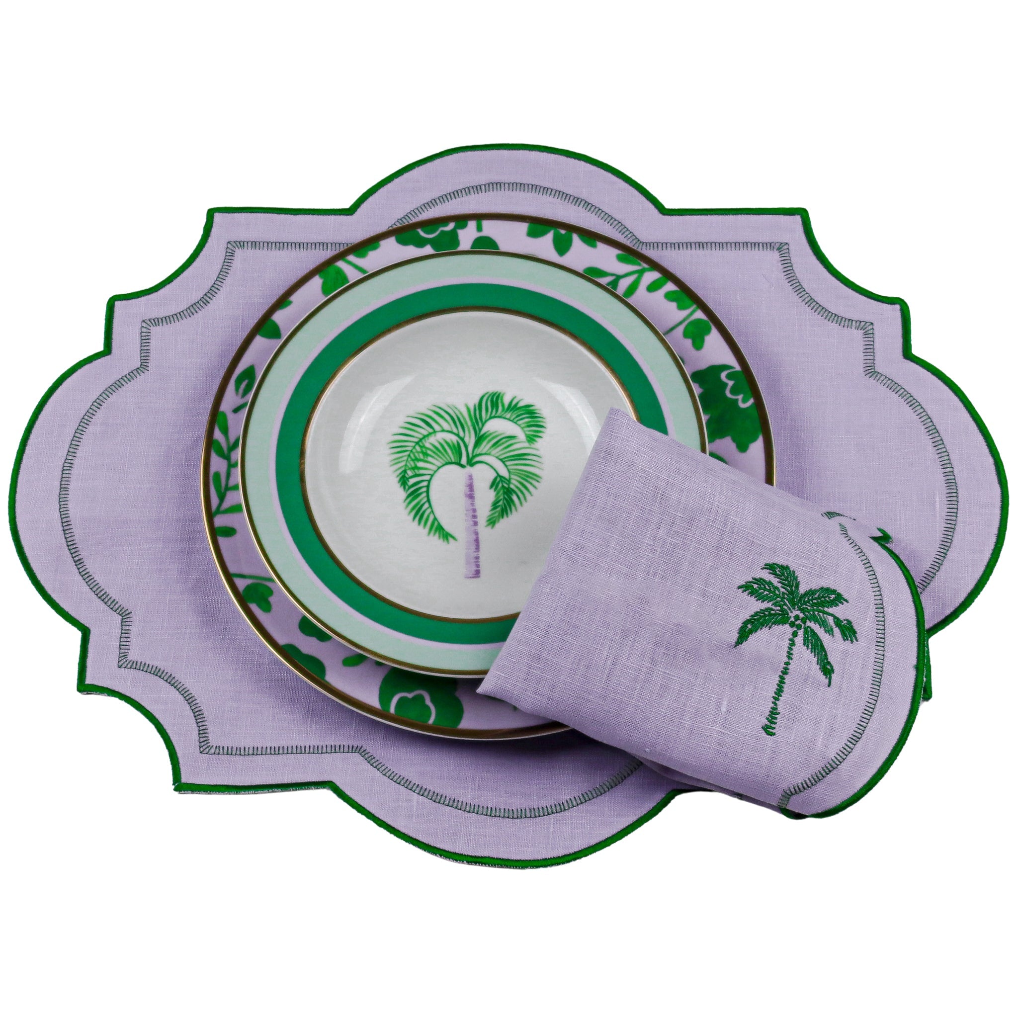Bernadette Leaf Porcelain Dinner Plate in Lilac and Green with Gold Hand-Painted Rim (Set of 4)