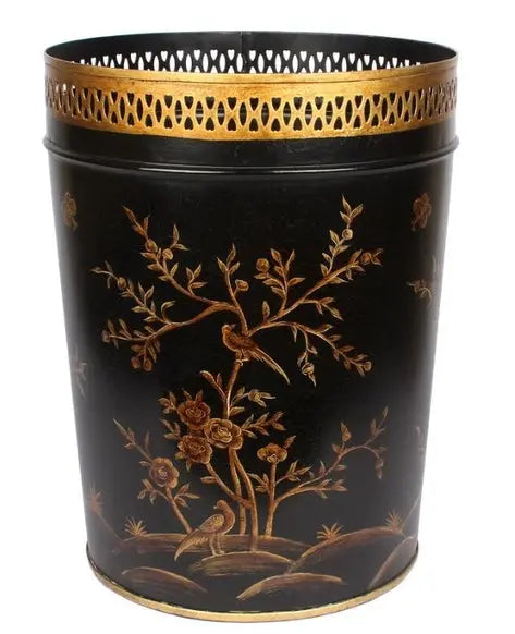 Black and Gold Chinoiserie Wastepaper Basket - The Mayfair Hall