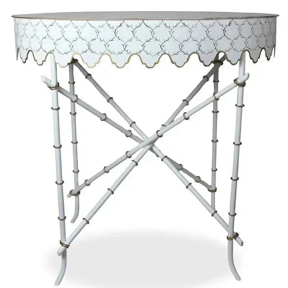 Spectacular Ivory/Blue Handpainted Tole Scalloped Table - The Mayfair Hall