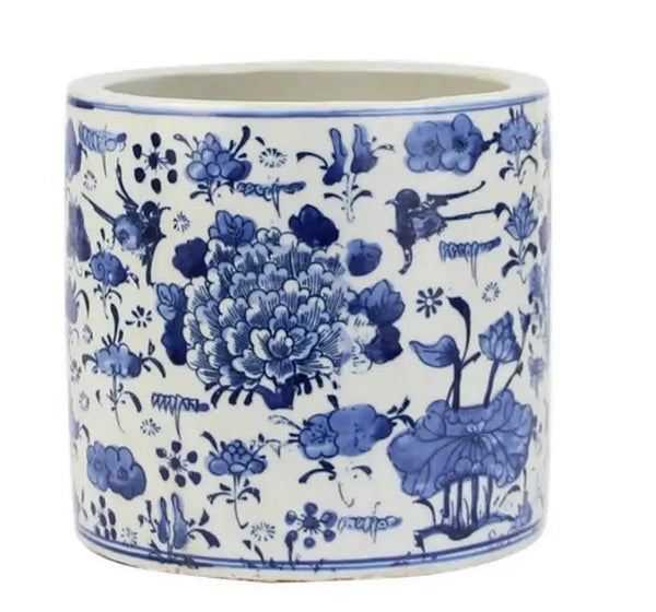 Mid Size White/Blue Round Floral Planter - The Mayfair Hall
