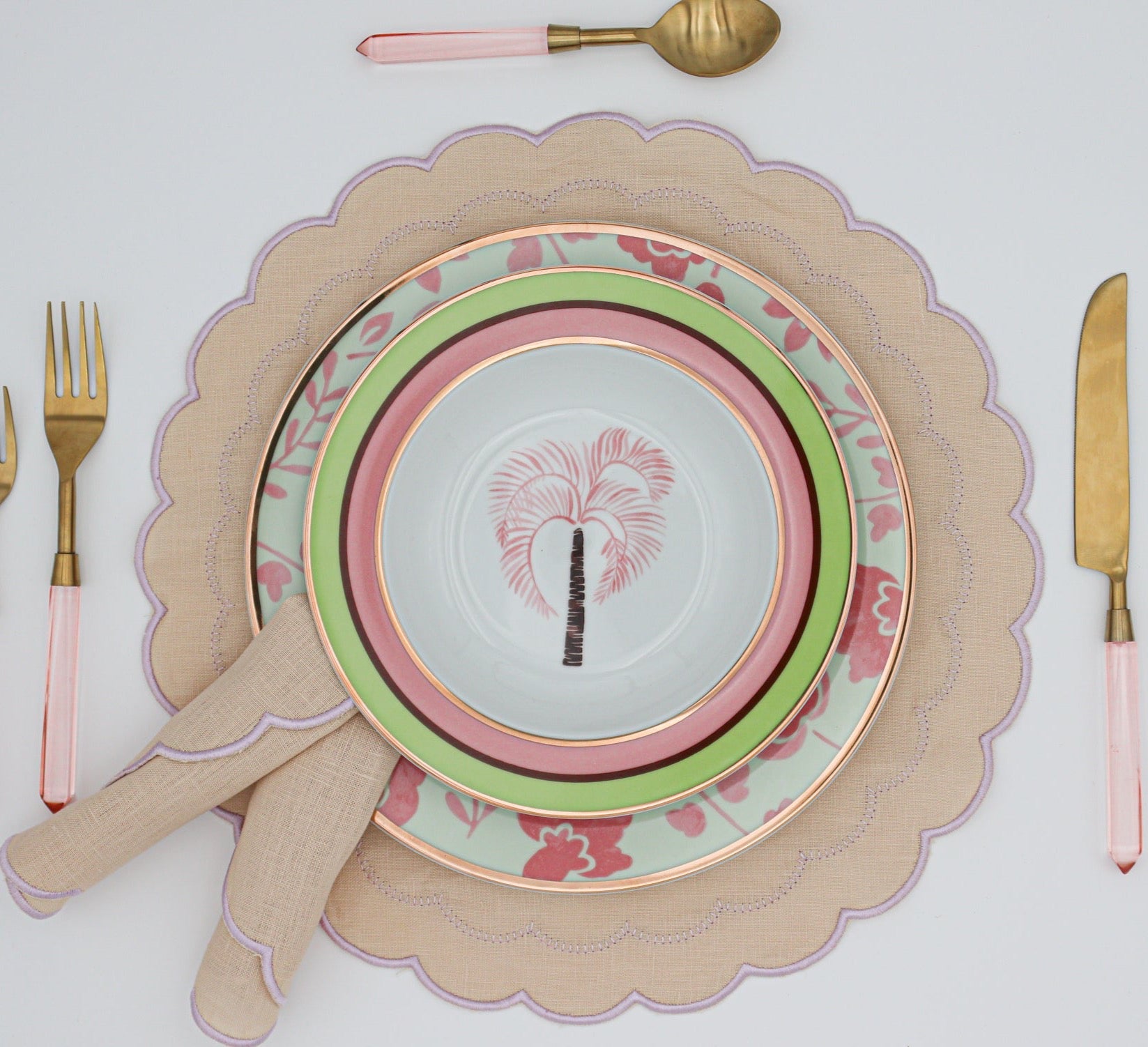 Blush Buttercream Linen Napkin in Cream with Dusty Pink Embroidery and Trim (Set of 4)