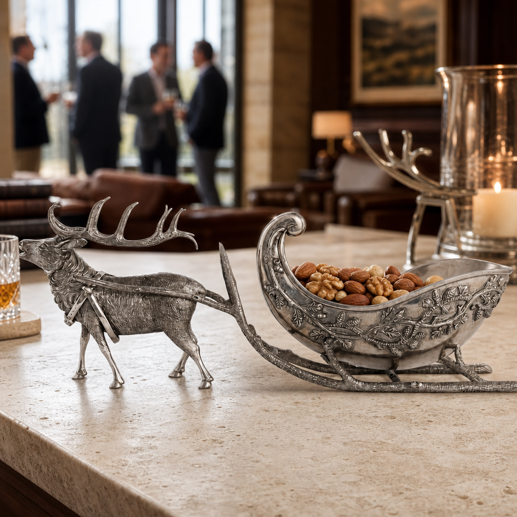 Pewter Reindeer Sleigh Centerpiece