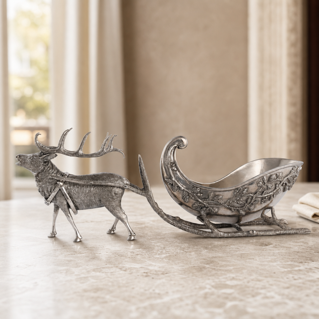 Pewter Reindeer Sleigh Centerpiece