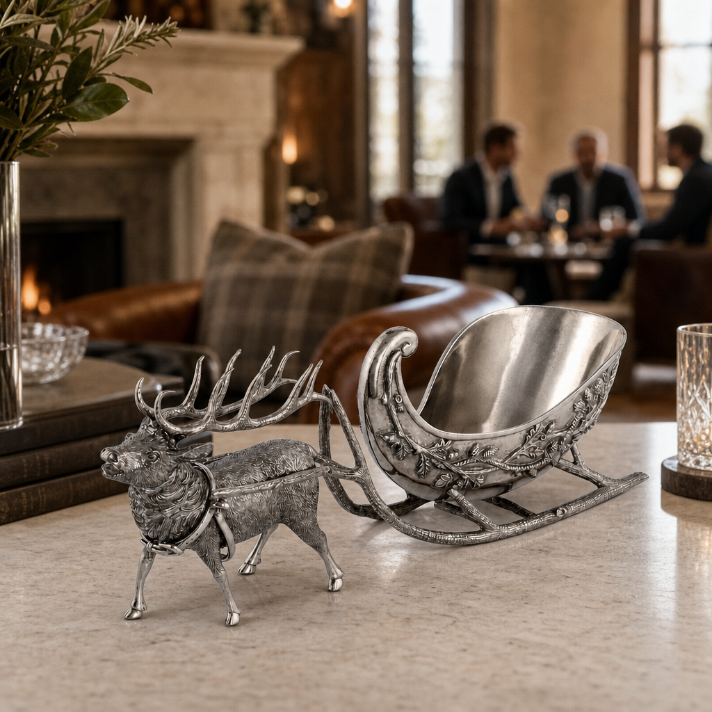 Pewter Reindeer Sleigh Centerpiece
