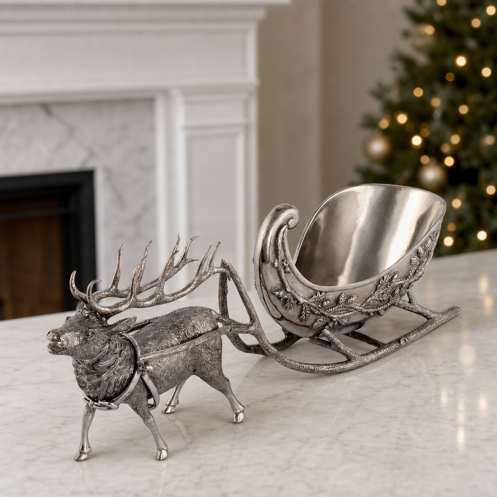 Pewter Reindeer Sleigh Centerpiece