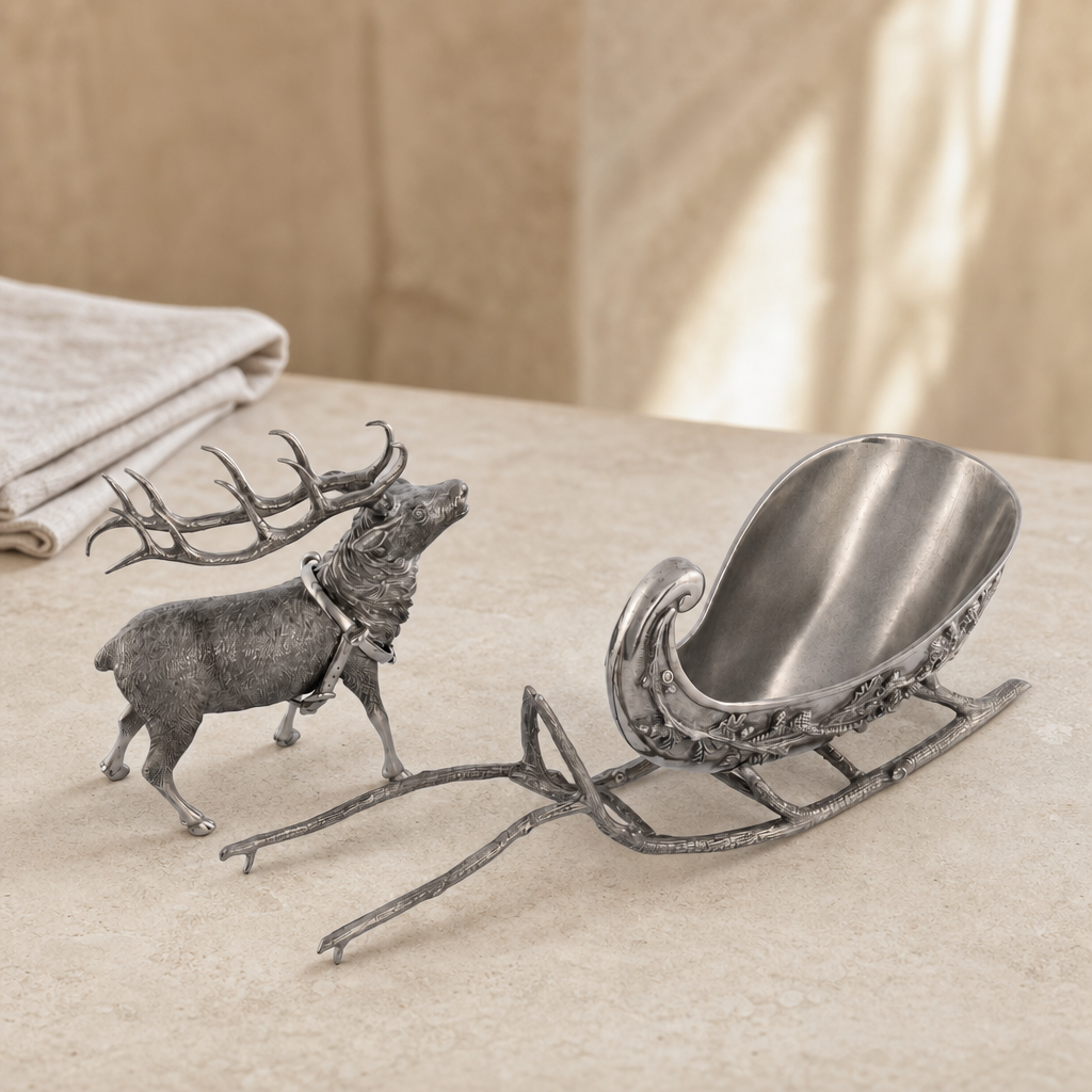Pewter Reindeer Sleigh Centerpiece