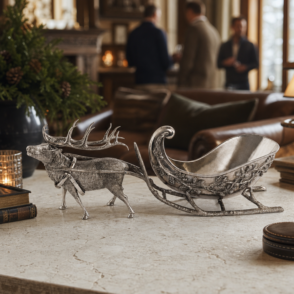 Pewter Reindeer Sleigh Centerpiece