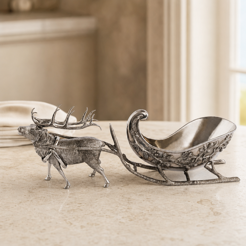Pewter Reindeer Sleigh Centerpiece