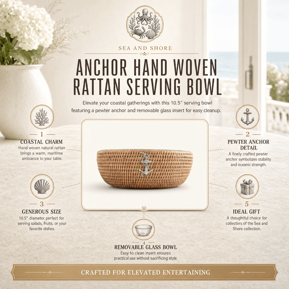 Anchor Hand Woven Wicker Natural Rattan Serving Bowl