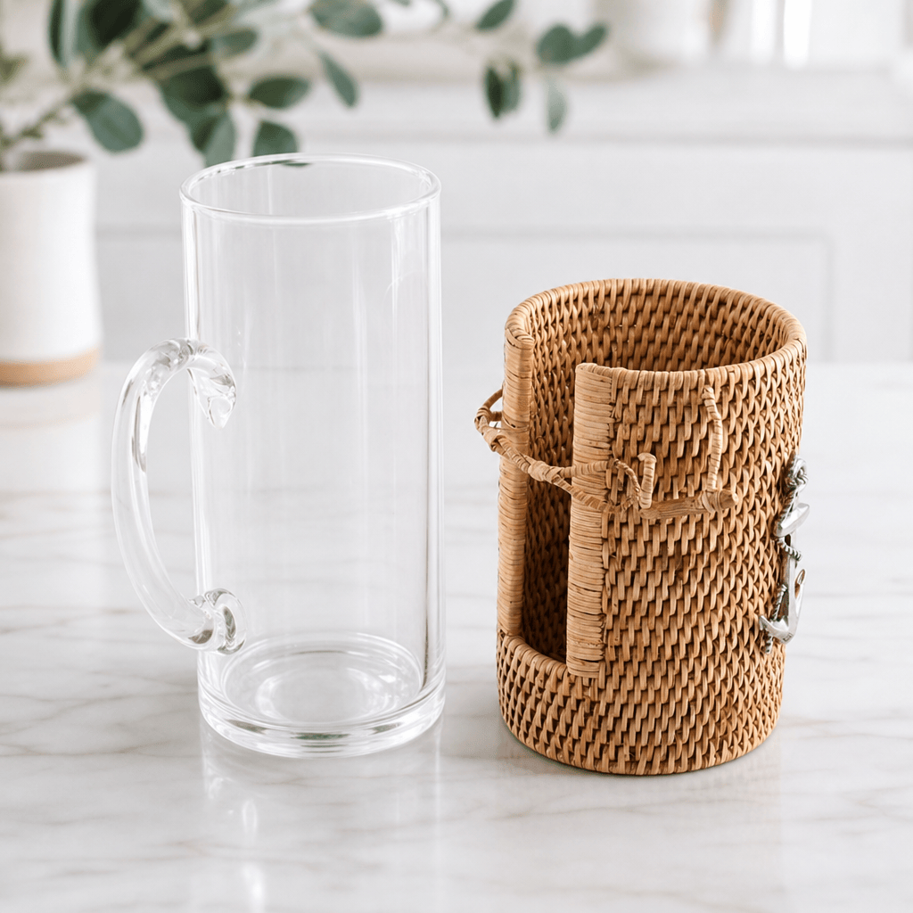 Anchor Glass Pitcher Hand Woven Wicker Natural Rattan Cover