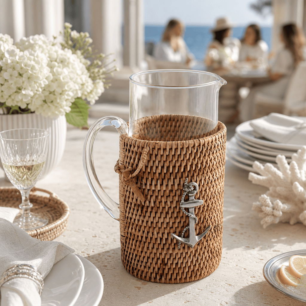 Anchor Glass Pitcher Hand Woven Wicker Natural Rattan Cover