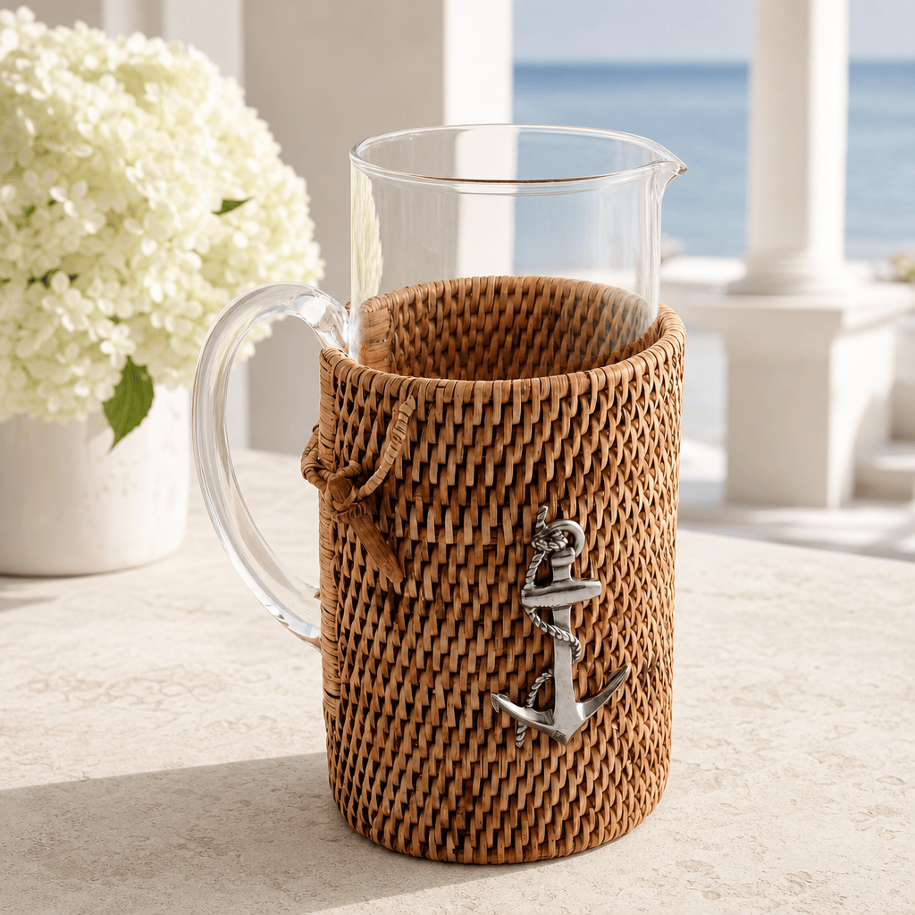 Anchor Glass Pitcher Hand Woven Wicker Natural Rattan Cover