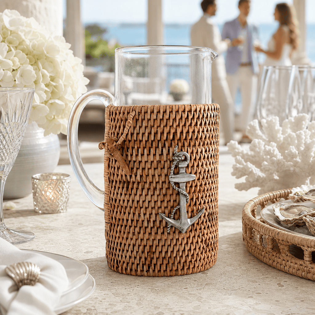 Anchor Glass Pitcher Hand Woven Wicker Natural Rattan Cover