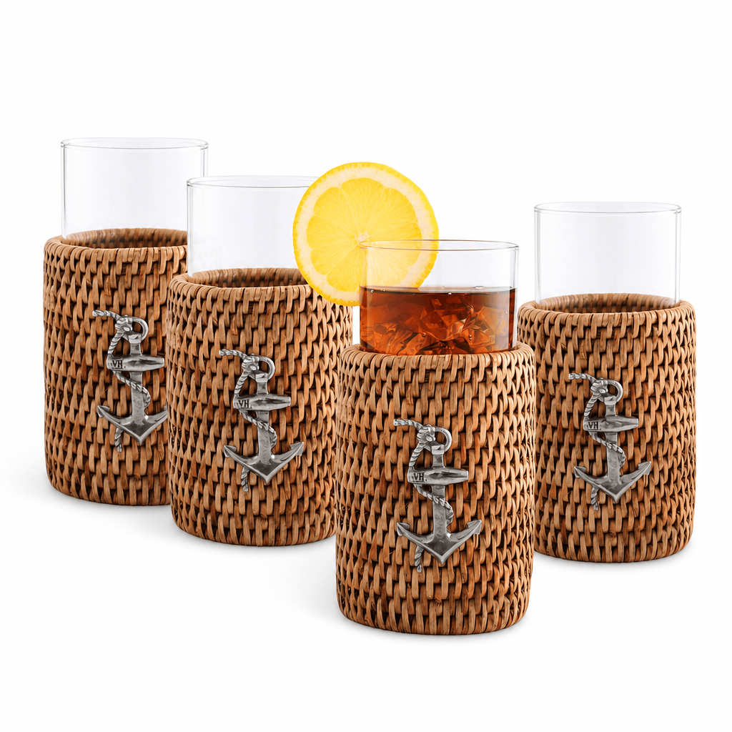 Anchor Drinking Glass Covered with Hand Woven Wicker Rattan - Set of 4
