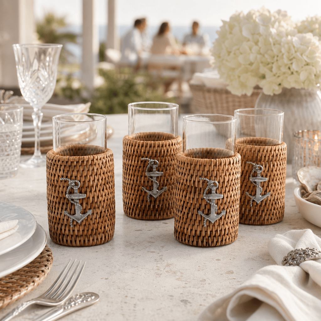 Anchor Drinking Glass Covered with Hand Woven Wicker Rattan - Set of 4
