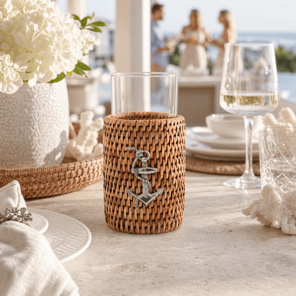Anchor Drinking Glass Covered with Hand Woven Wicker Rattan - Set of 4