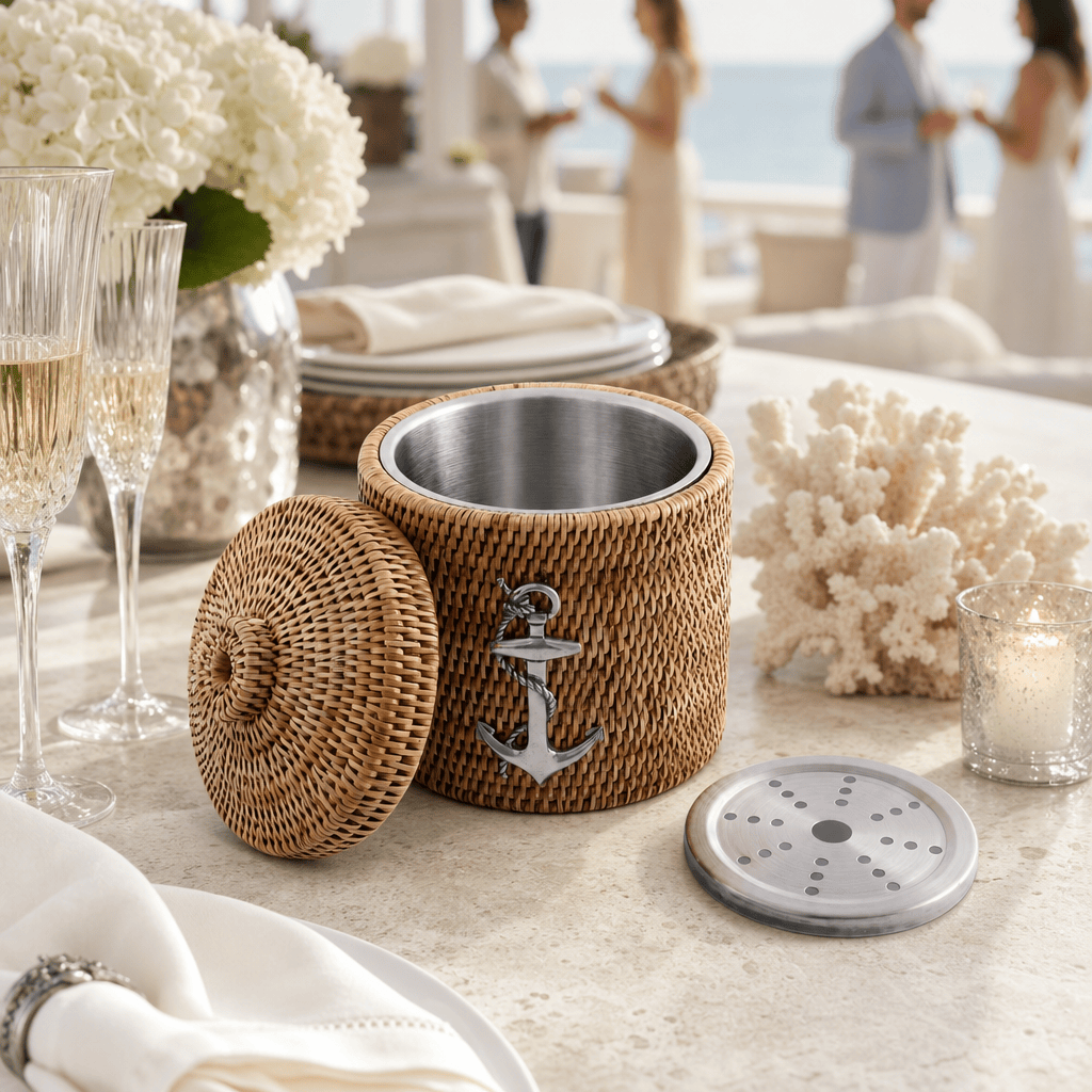 Anchor Hand Woven Wicker Rattan Lidded Ice Bucket