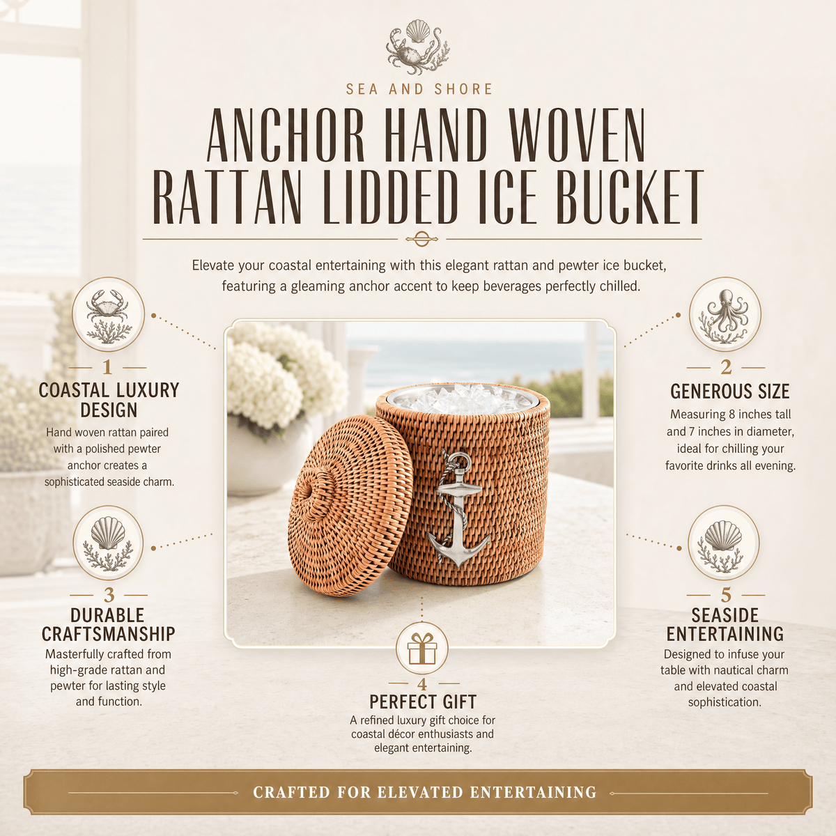 Anchor Hand Woven Wicker Rattan Lidded Ice Bucket