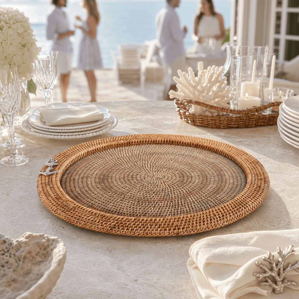 Anchor Round Serving Tray Hand Woven Wicker Rattan - Glass Insert