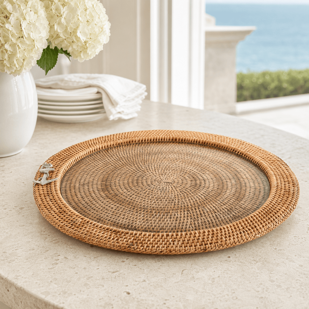 Anchor Round Serving Tray Hand Woven Wicker Rattan - Glass Insert