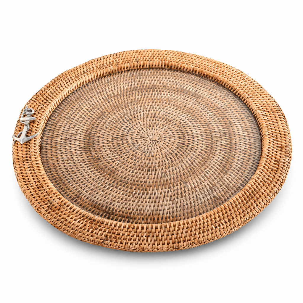 Anchor Round Serving Tray Hand Woven Wicker Rattan - Glass Insert