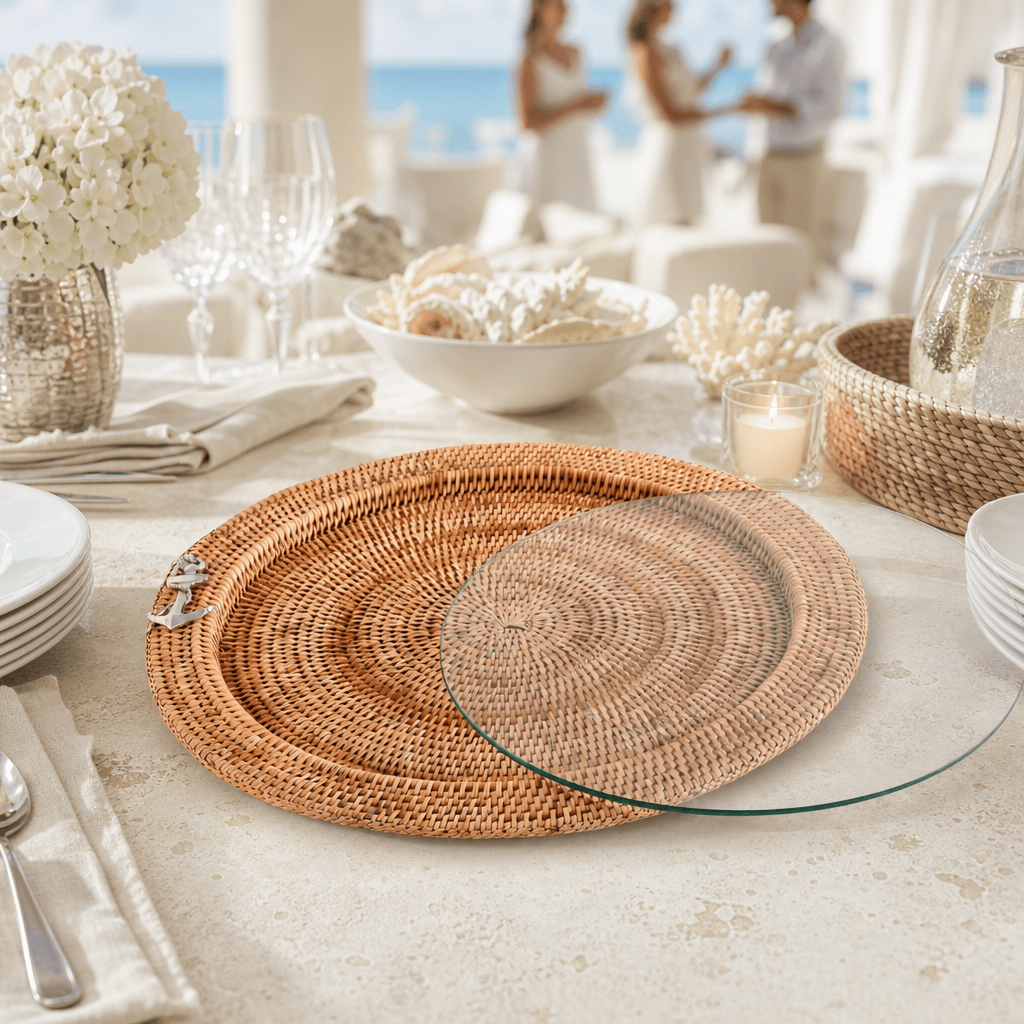 Anchor Round Serving Tray Hand Woven Wicker Rattan - Glass Insert