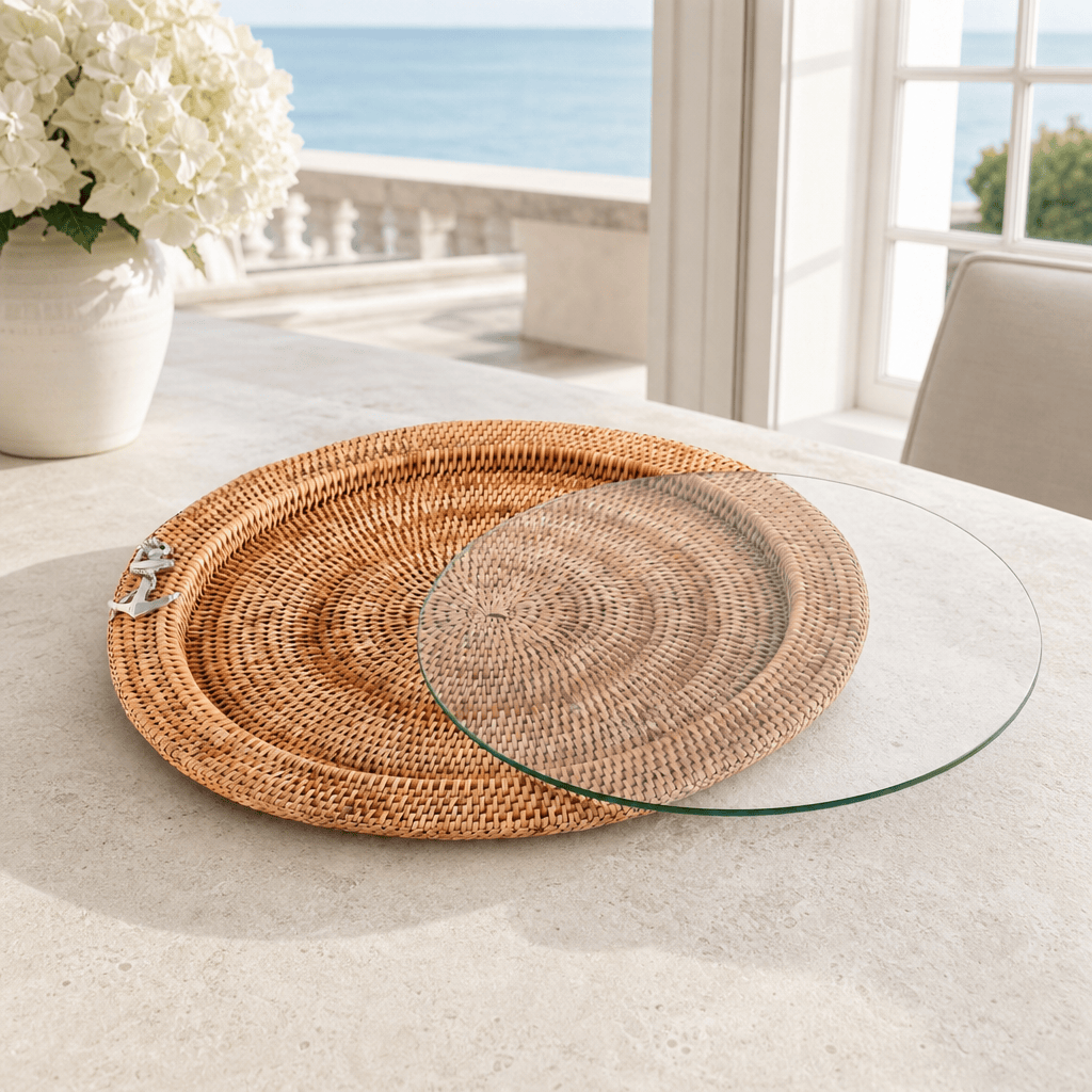 Anchor Round Serving Tray Hand Woven Wicker Rattan - Glass Insert