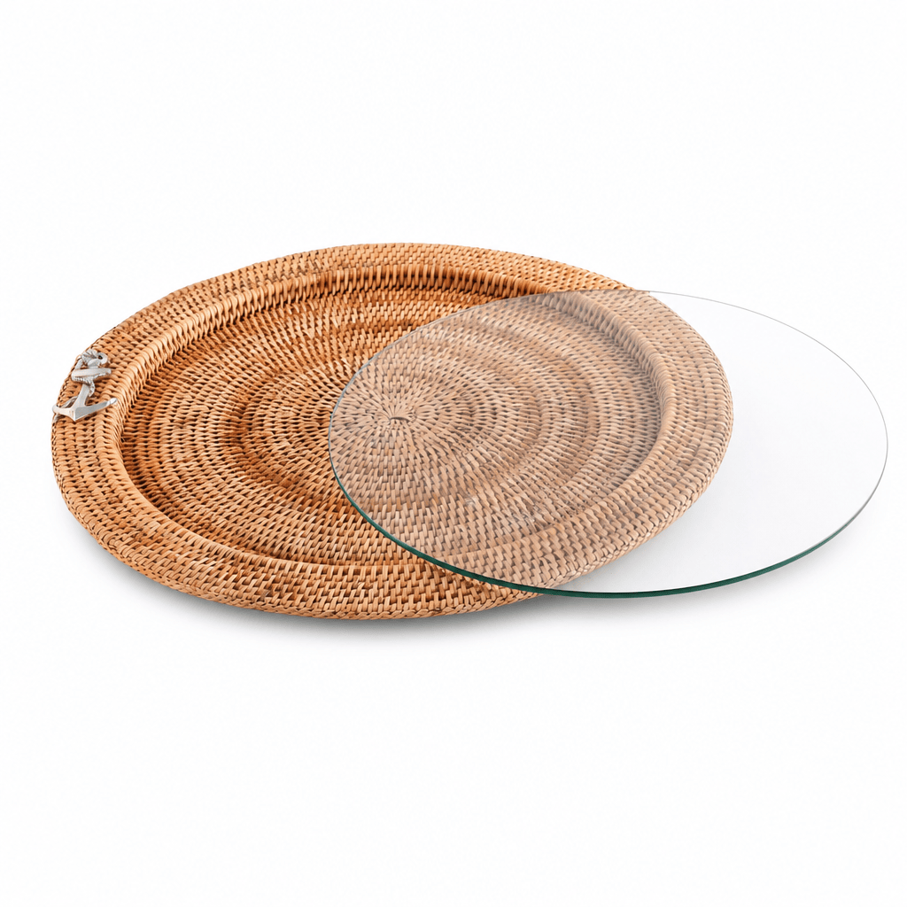 Anchor Round Serving Tray Hand Woven Wicker Rattan - Glass Insert