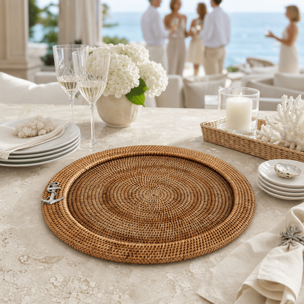 Anchor Round Serving Tray Hand Woven Wicker Rattan - Glass Insert