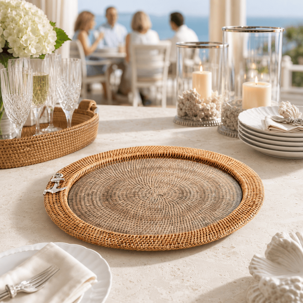 Anchor Round Serving Tray Hand Woven Wicker Rattan - Glass Insert
