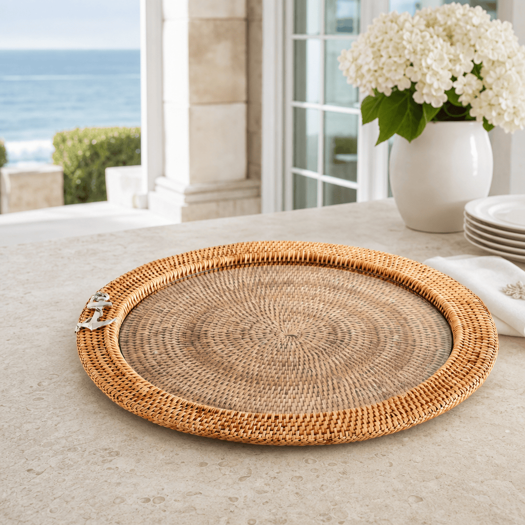 Anchor Round Serving Tray Hand Woven Wicker Rattan - Glass Insert