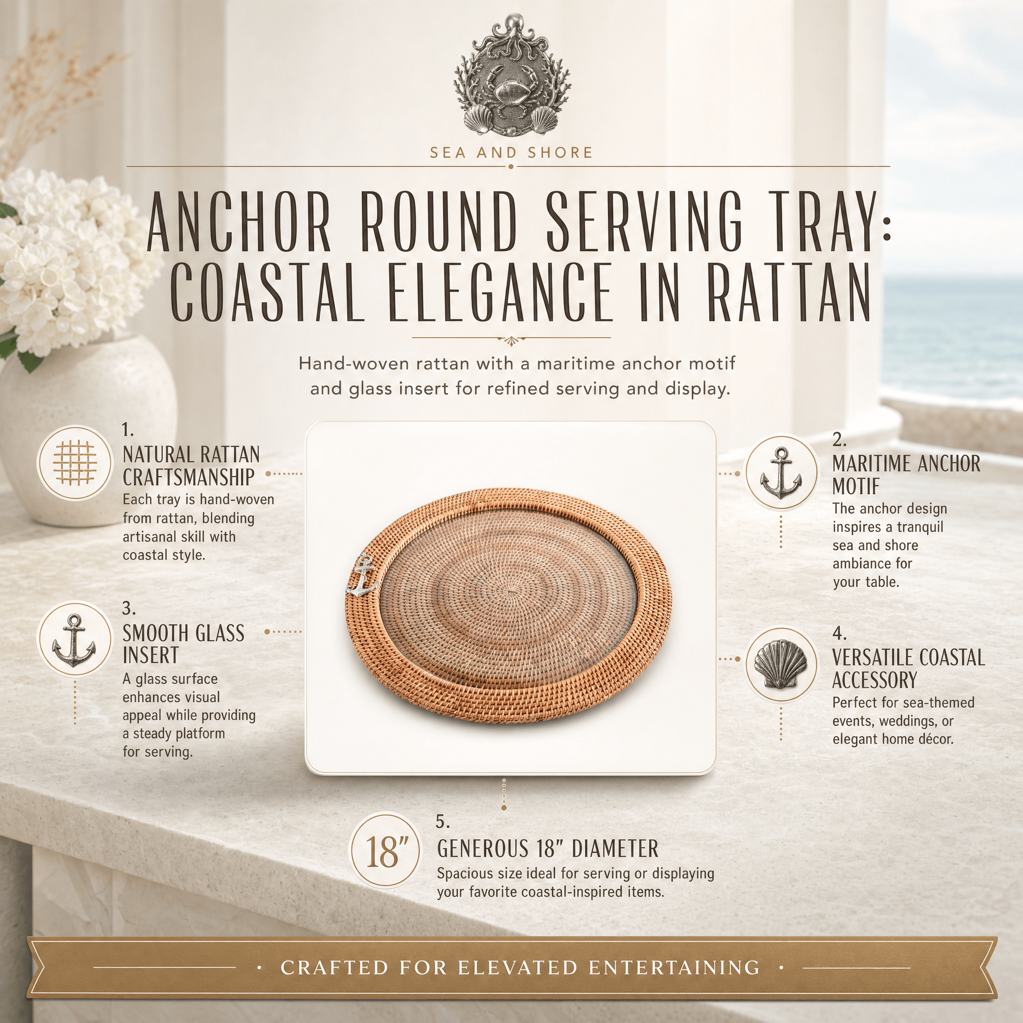 Anchor Round Serving Tray Hand Woven Wicker Rattan - Glass Insert