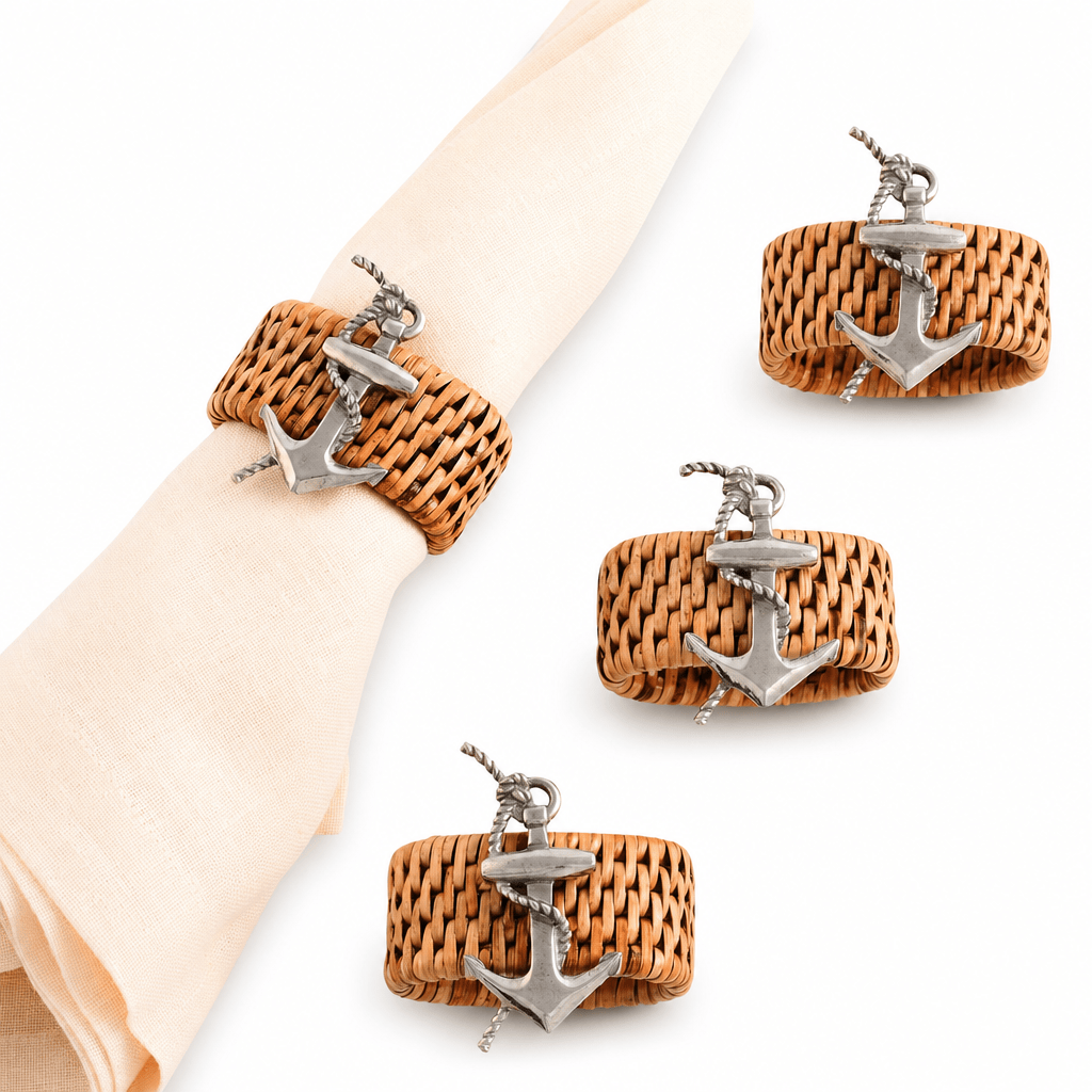 Anchor Hand Woven Wicker Rattan Napkin Ring - Set of 4