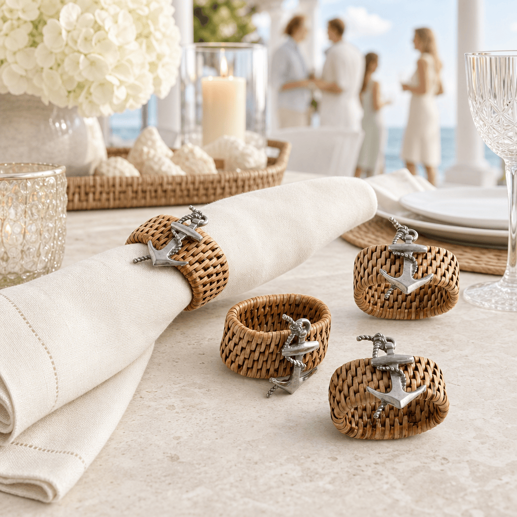 Anchor Hand Woven Wicker Rattan Napkin Ring - Set of 4