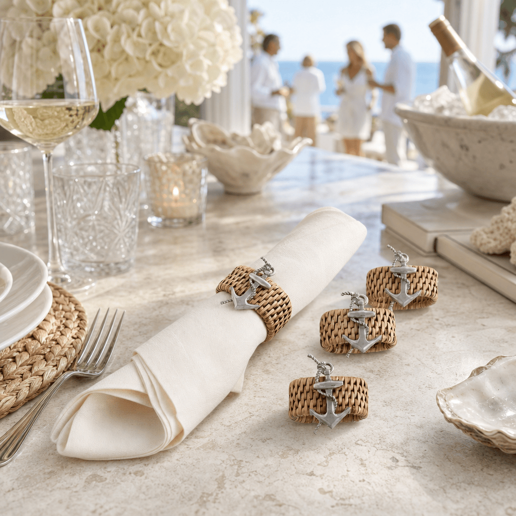 Anchor Hand Woven Wicker Rattan Napkin Ring - Set of 4