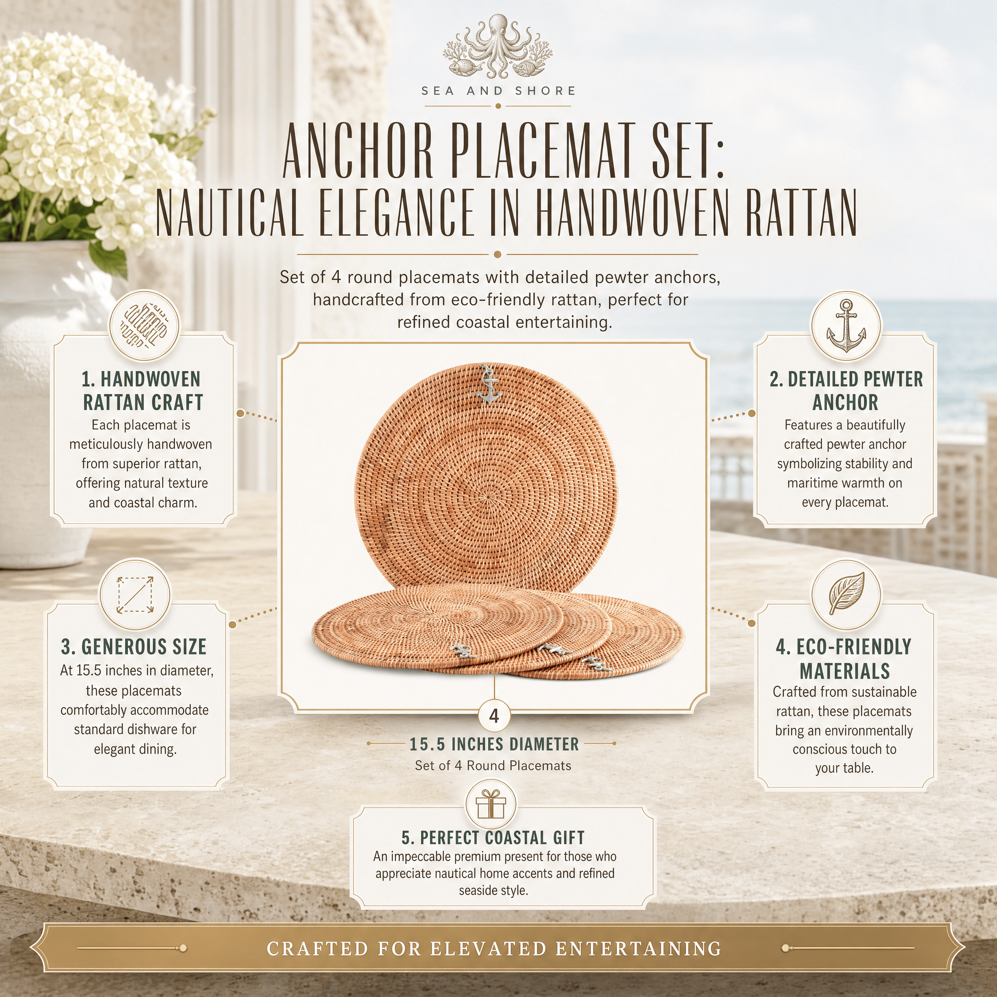 Anchor Placemat Hand Woven Wicker Rattan Round - Set of 4