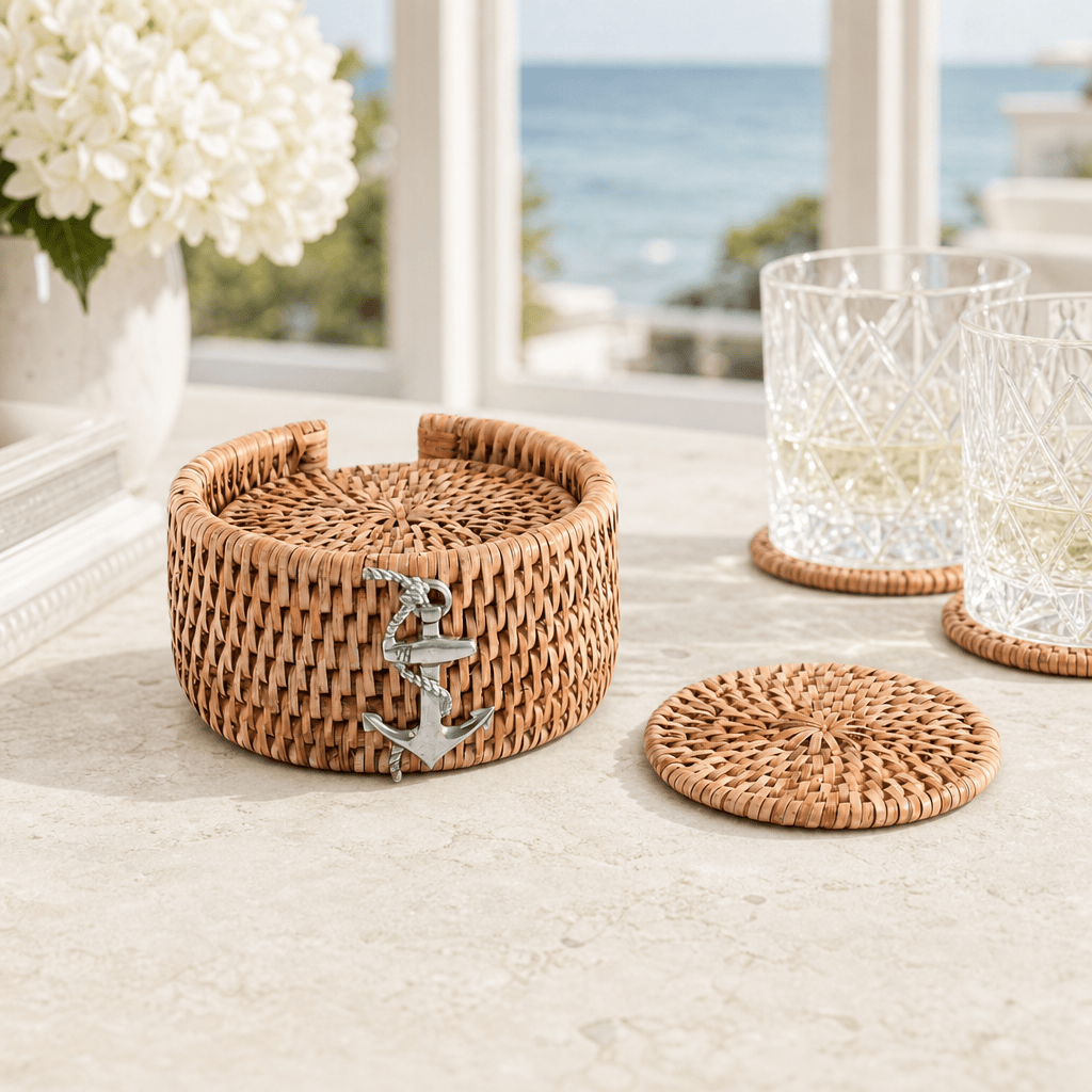 Anchor Hand Woven Wicker Rattan Coaster Set - 6 Coasters