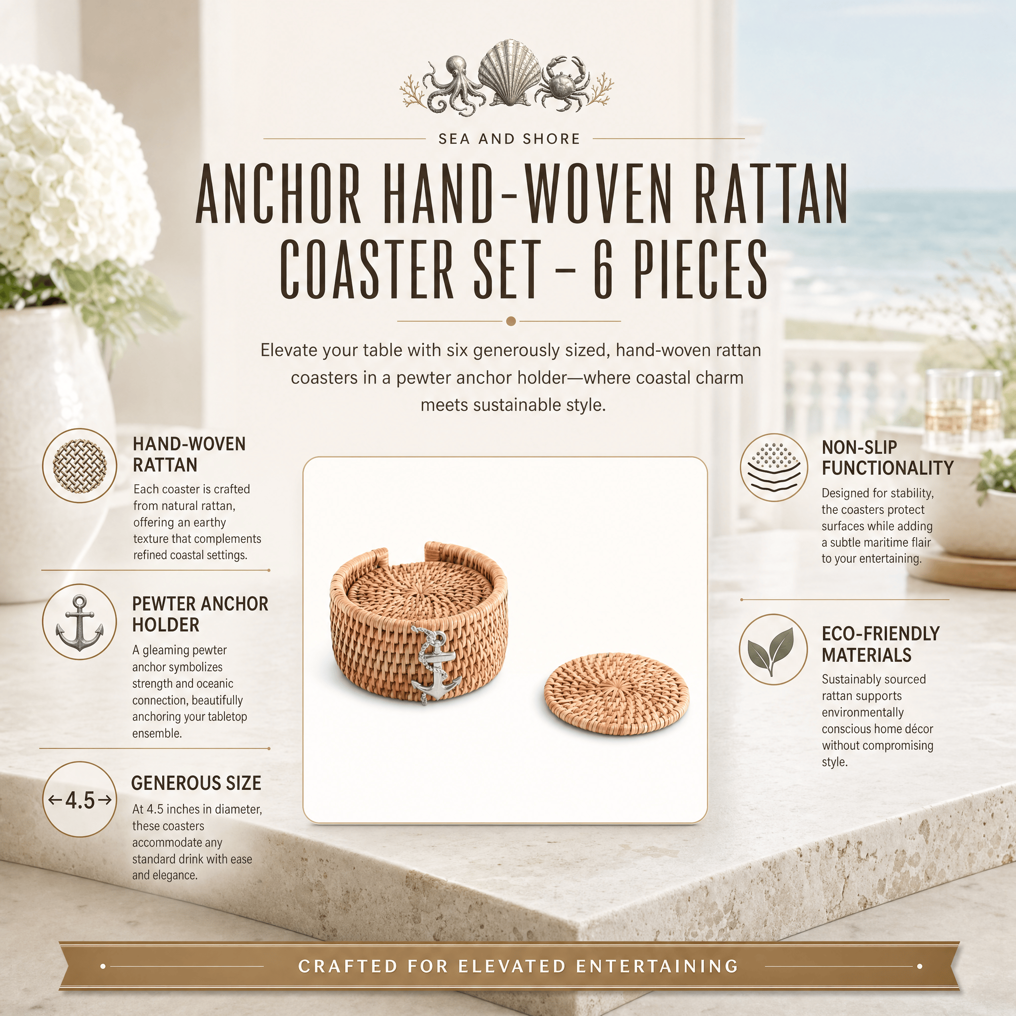Anchor Hand Woven Wicker Rattan Coaster Set - 6 Coasters