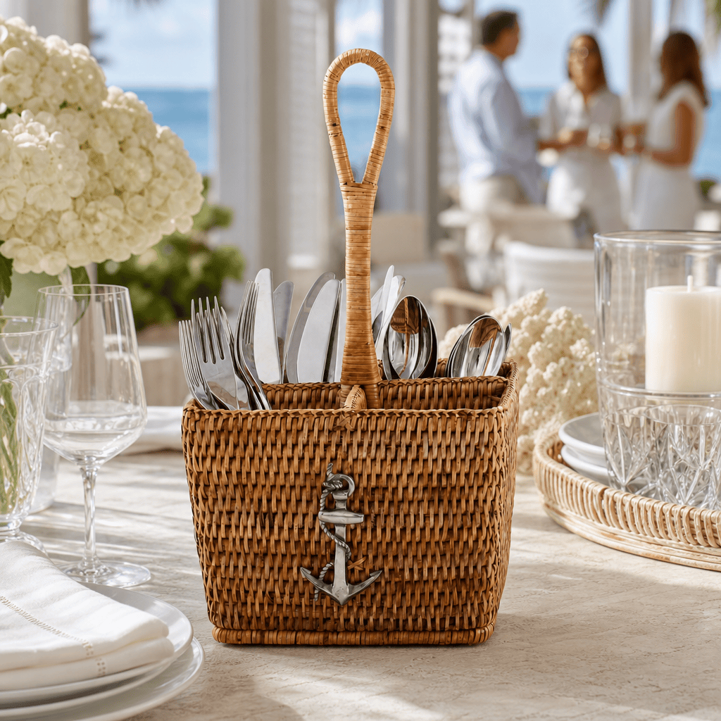 Anchor Hand Woven Wicker Rattan Flatware Caddy