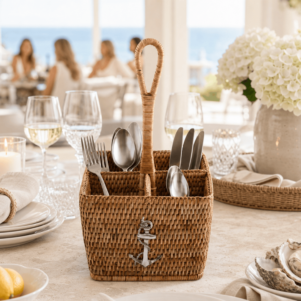 Anchor Hand Woven Wicker Rattan Flatware Caddy